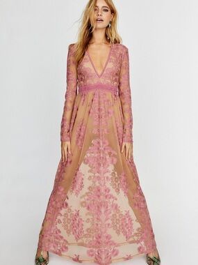 For Love & Lemons Temecula Maxi Dress, Dusty Rose and Nude Long Sleeve Lace, L